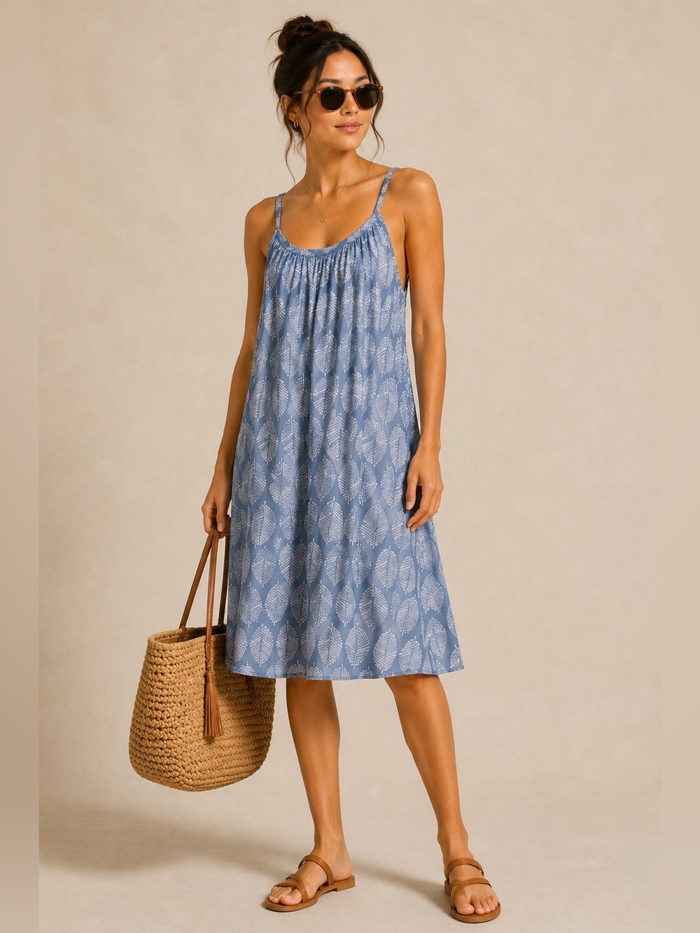 NaPua Collection Honolulu Blue Leaf Midi Sundress Size S Hawaiian Resort Dress